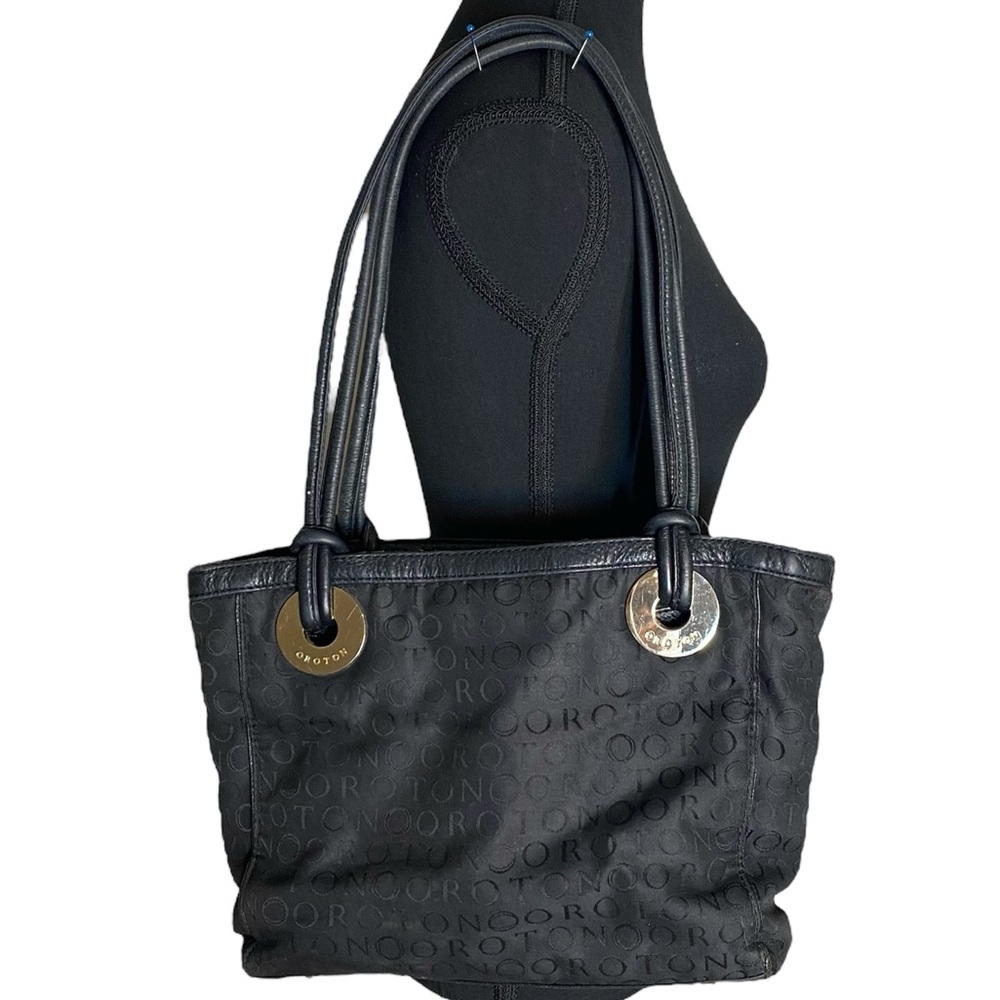 OROTON Black Tote Shoulder Bag Logo Monogram Double Handle Canvas *Flaw*